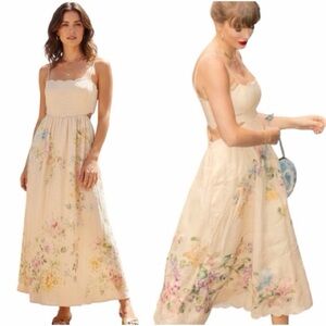 Christian Lacroix Peach Floral Linen Blend Midi Cut-out Dress Size M